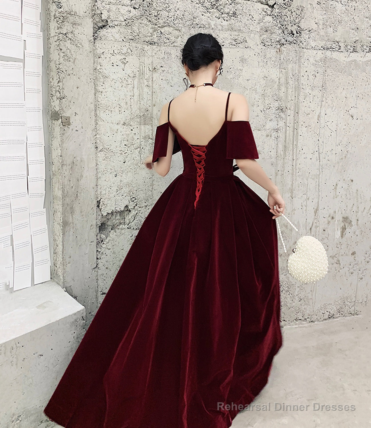 Burgundy velvet long prom dress A line evening gown Secondary image