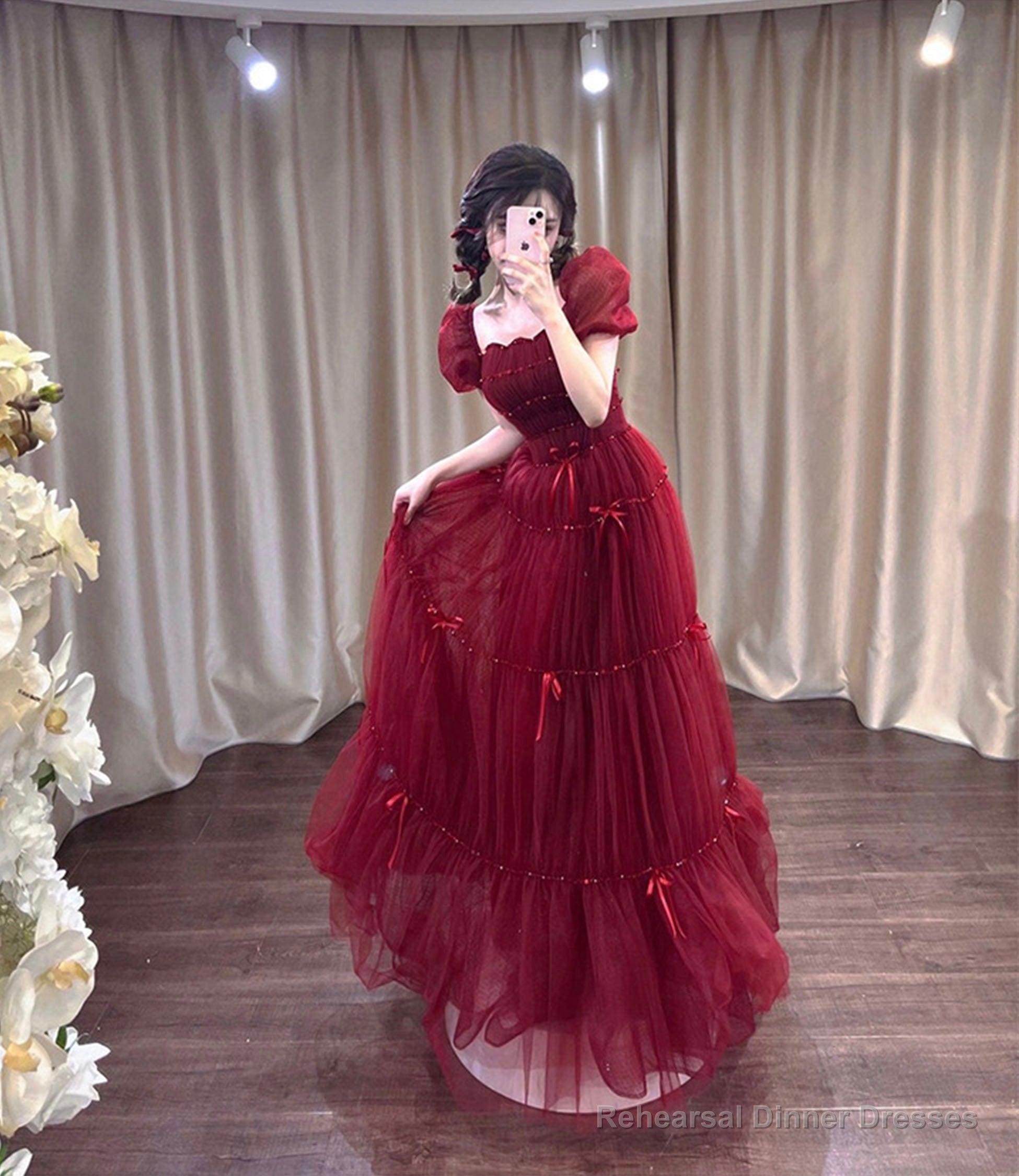 Burgundy tulle sequins long prom dress A-line evening dress Secondary image