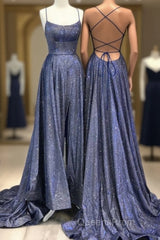 Shiny Navy Blue Sequin A Line Long Evening Prom Dress With Slit