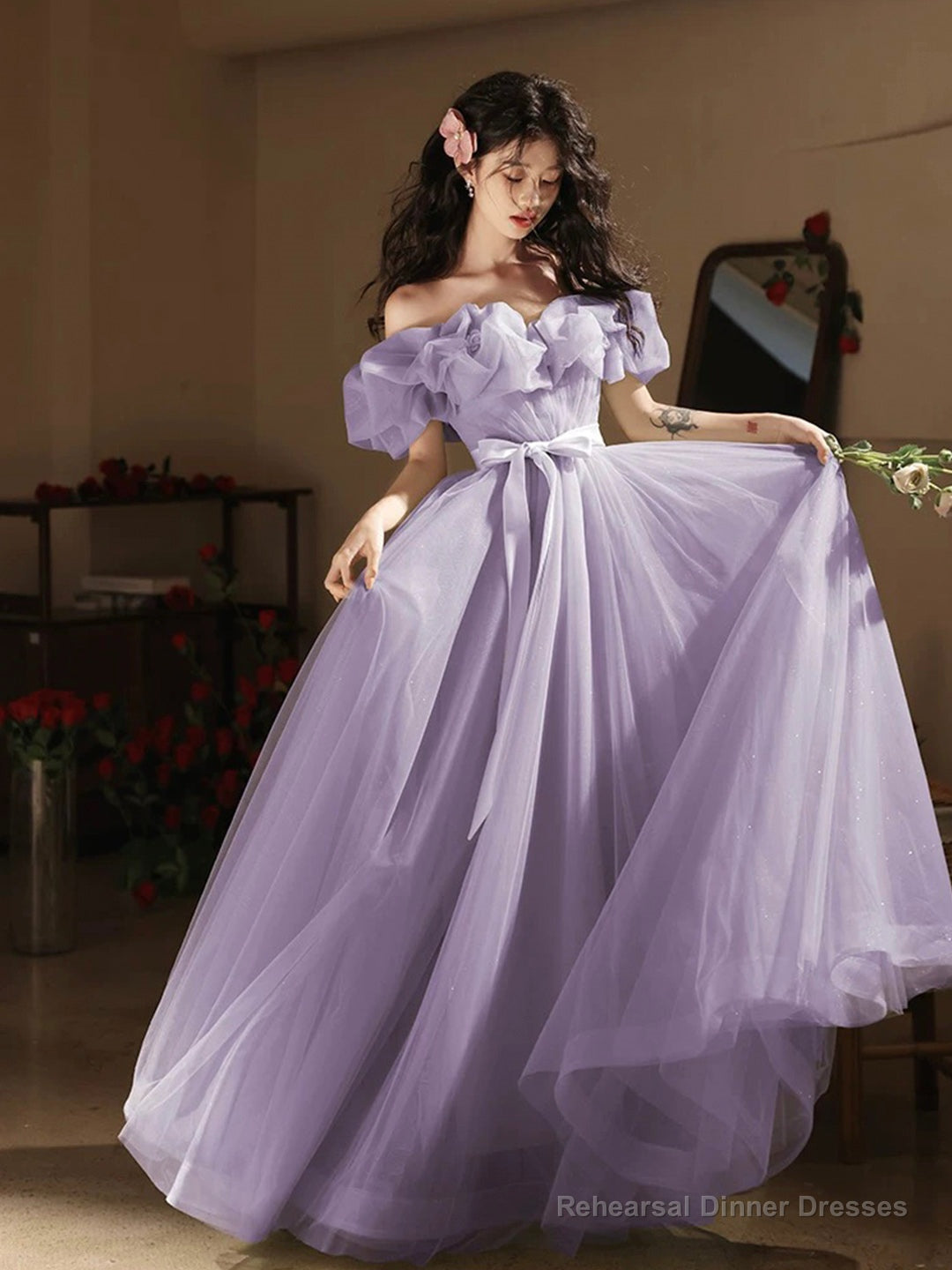 Purple Tulle Floor Length Prom Dress, Off the Shoulder Evening Party Dress Main image