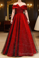 Burgundy Satin and Black Tulle Floor Length Evening Prom Dress