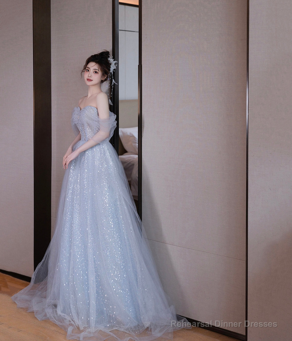 Cute Tulle Sequins Long Prom Dress, Blue A-Line Evening Dress Secondary image