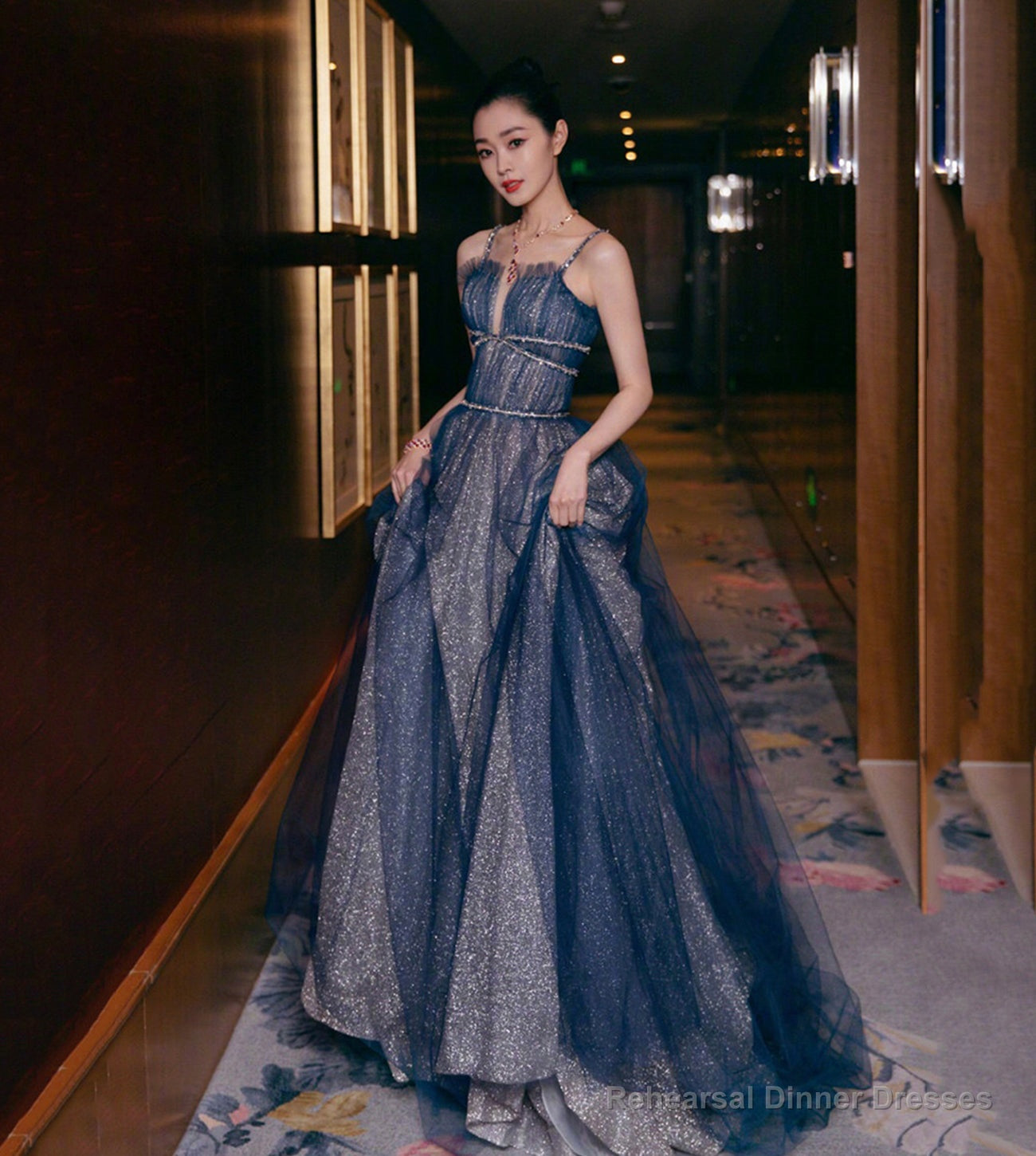 Blue tulle long prom dress shiny evening dress Main image