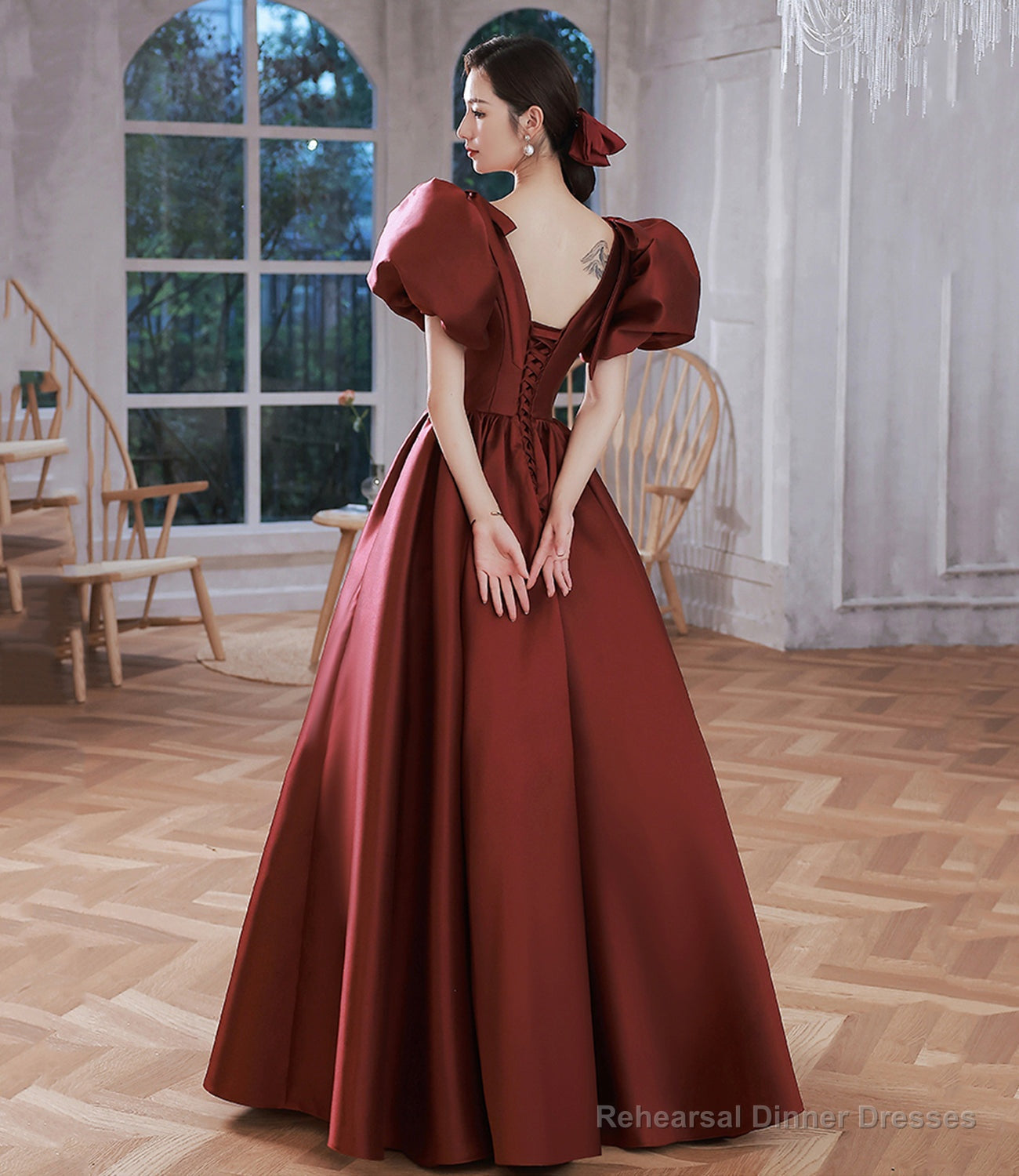Burgundy v neck satin long prom gown A line formal gown Secondary image