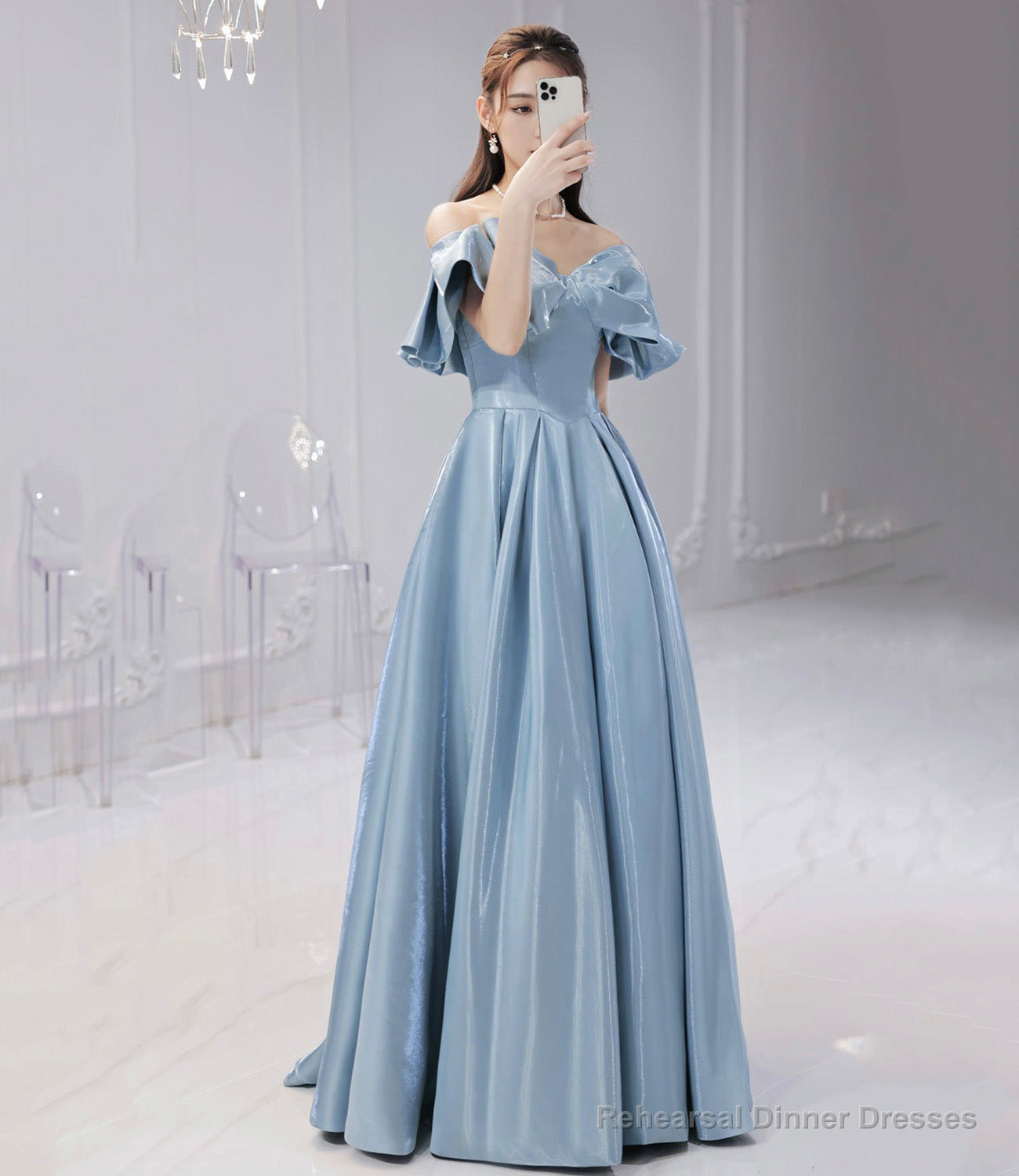 Blue satin long prom dress A line evening dress Secondary image