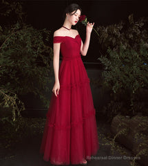 Burgundy tulle off shoulder prom dress evening dress