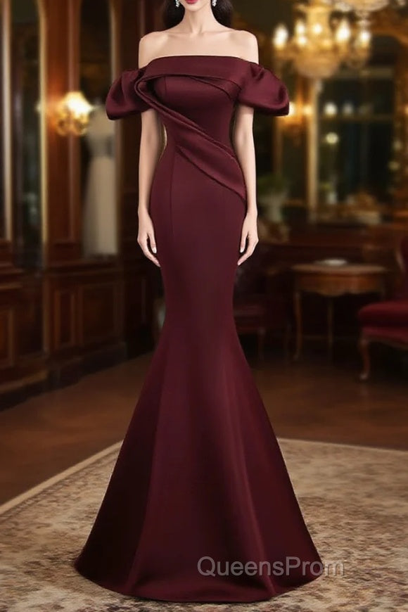 Burgundy Satin Long Evening Prom Dress, Mermaid Off the Shoulder Evening Party Dress Main image
