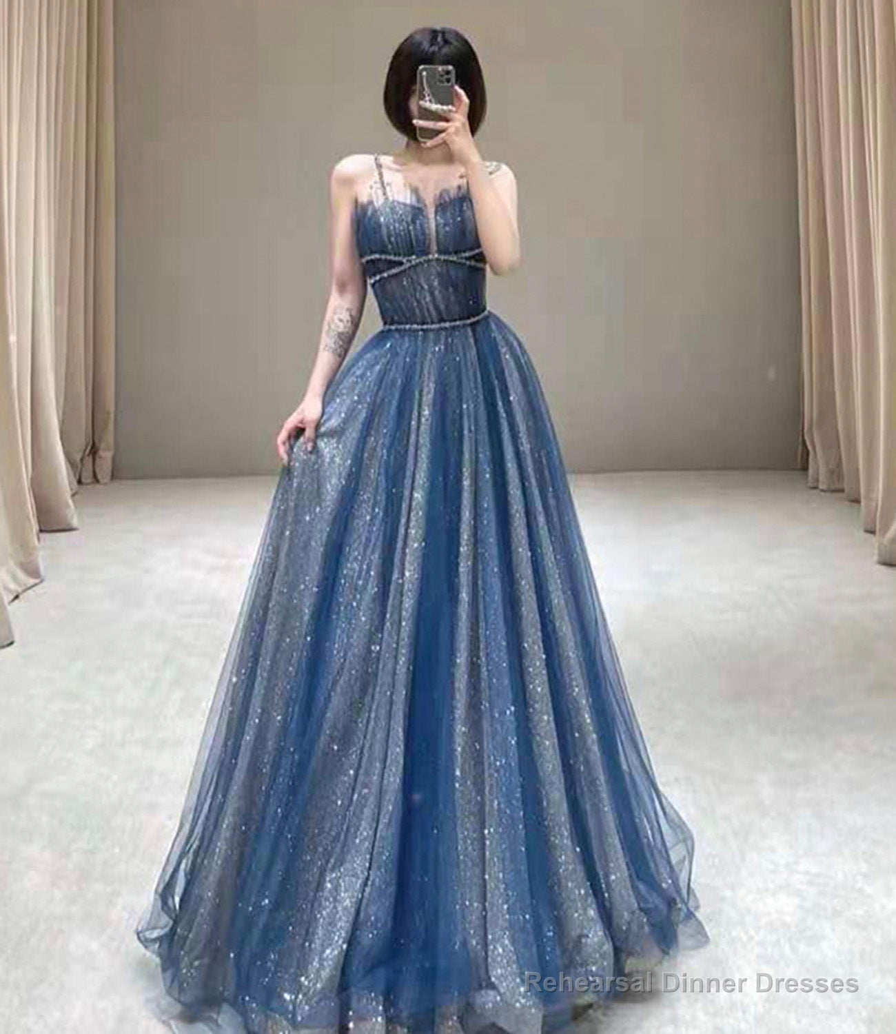 Blue tulle sequins long prom dress blue evening dress Main image