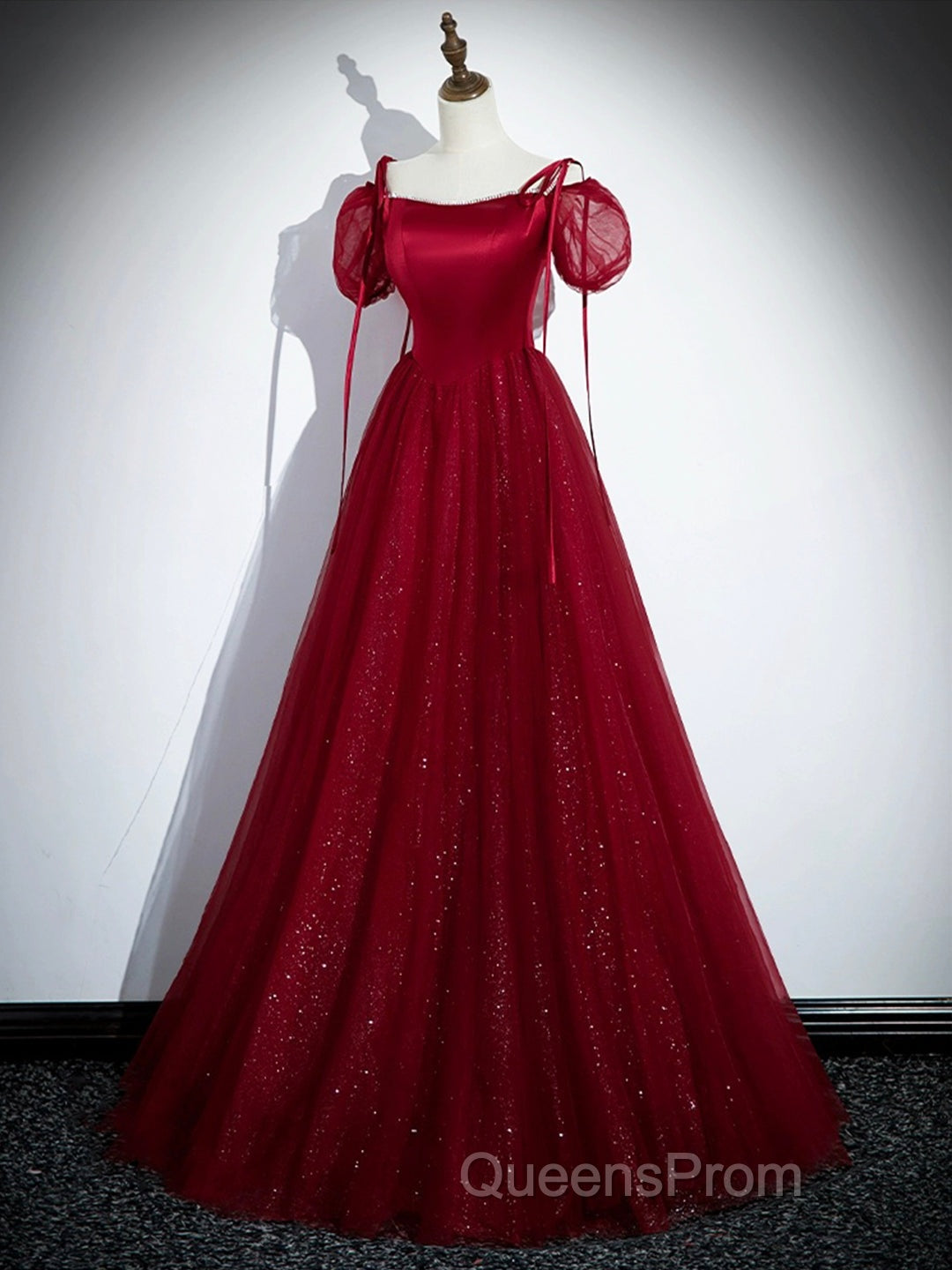 Burgundy Satin Tulle Floor Length Evening Prom Party Dress Secondary image