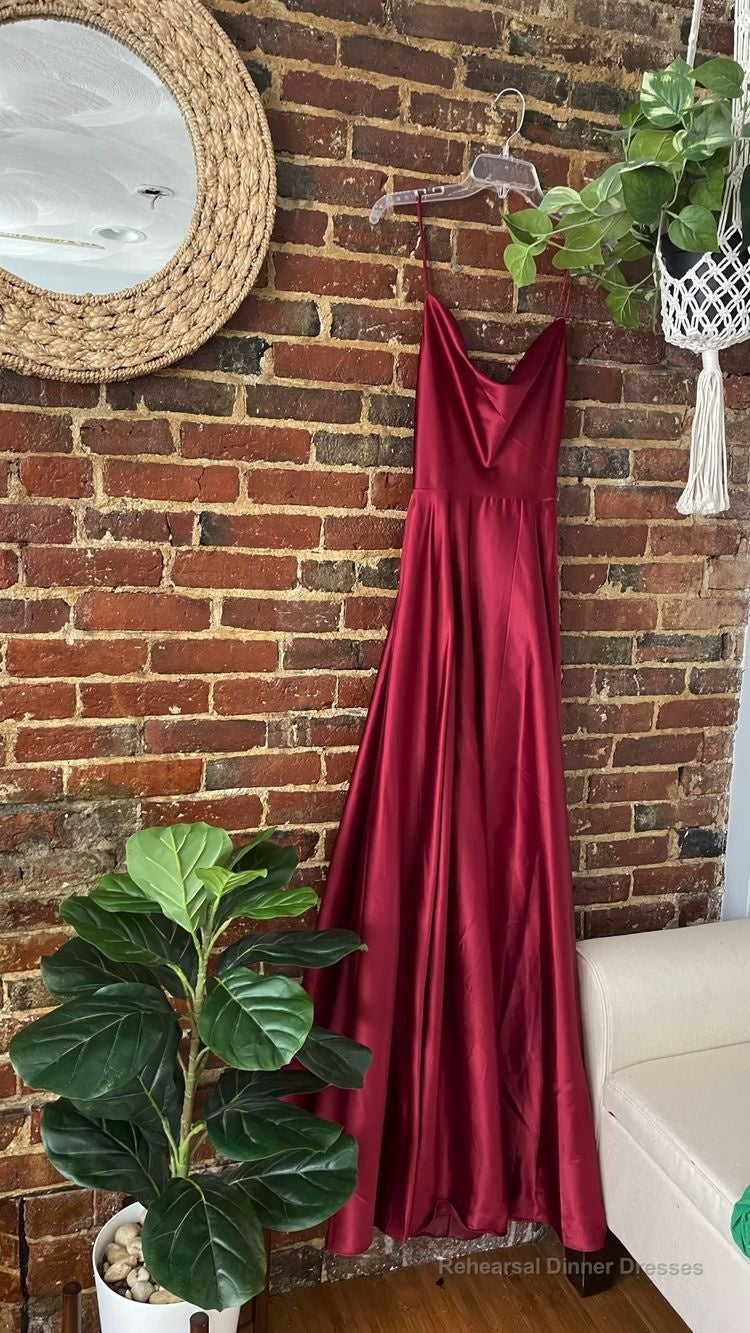 Spaghetti Straps Red Long Prom Dresses,Satin A-Line Evening Gown Long Prom Dress with Slit Main image