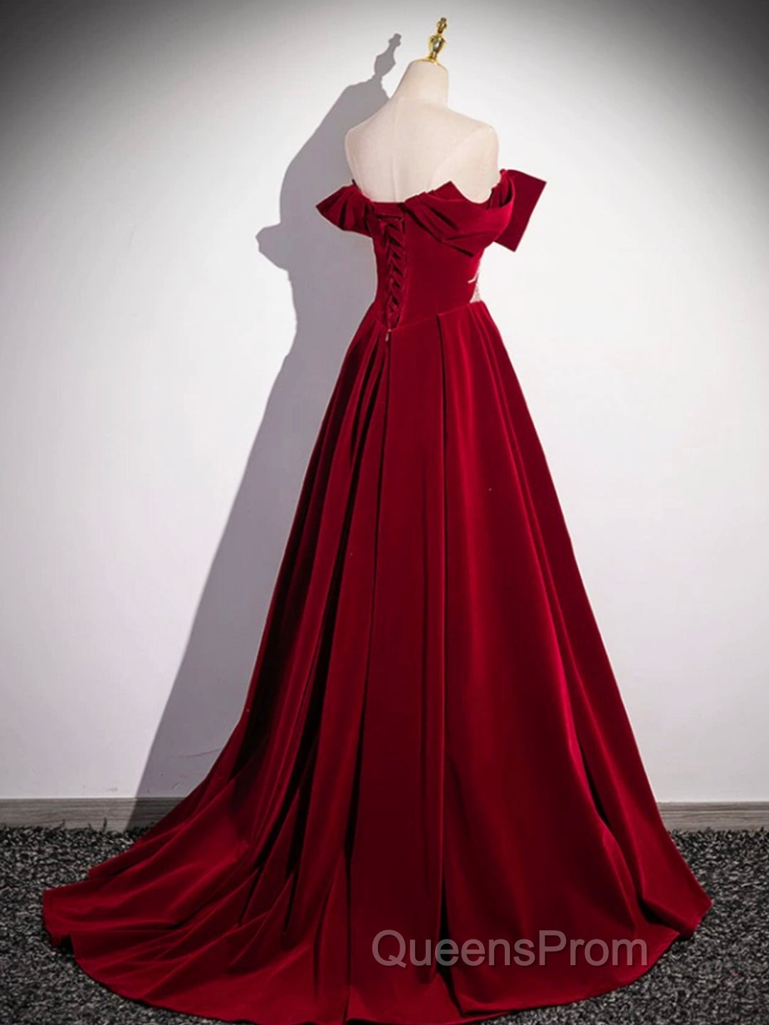 Burgundy Velvet Long Evening Prom Dress, Off the Shoulder Evening Party Dress Secondary image