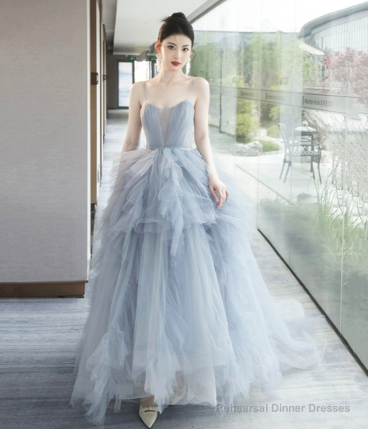 Gray Tulle Spaghetti Strap Long Prom Dress, Gray V-Neck Evening Dress Secondary image