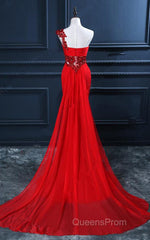 Trumpet Mermaid One Shoulder Chiffon Appliques Lace Beading Red Long Evening Prom Dress