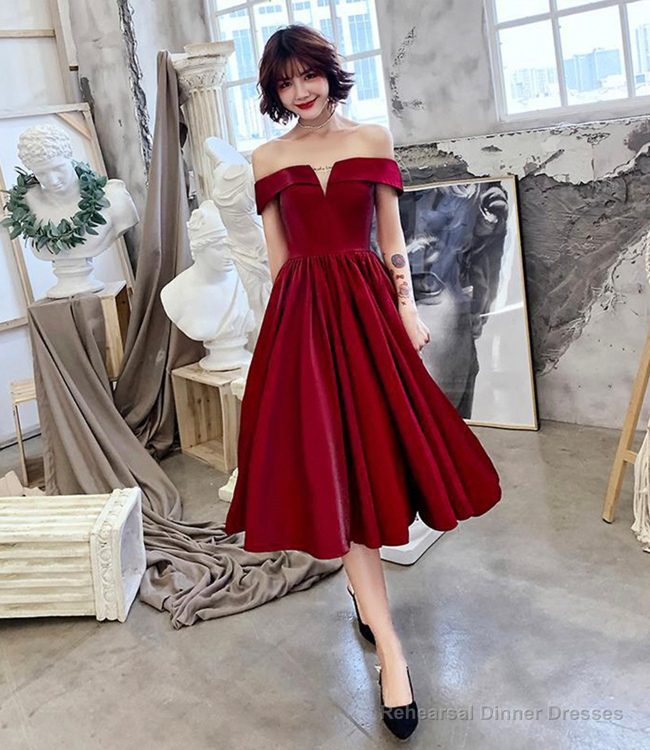 Burgundy satin short prom dress party dress Main image