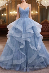 Blue Tulle Long Evening Prom Dress Blue Evening Gown