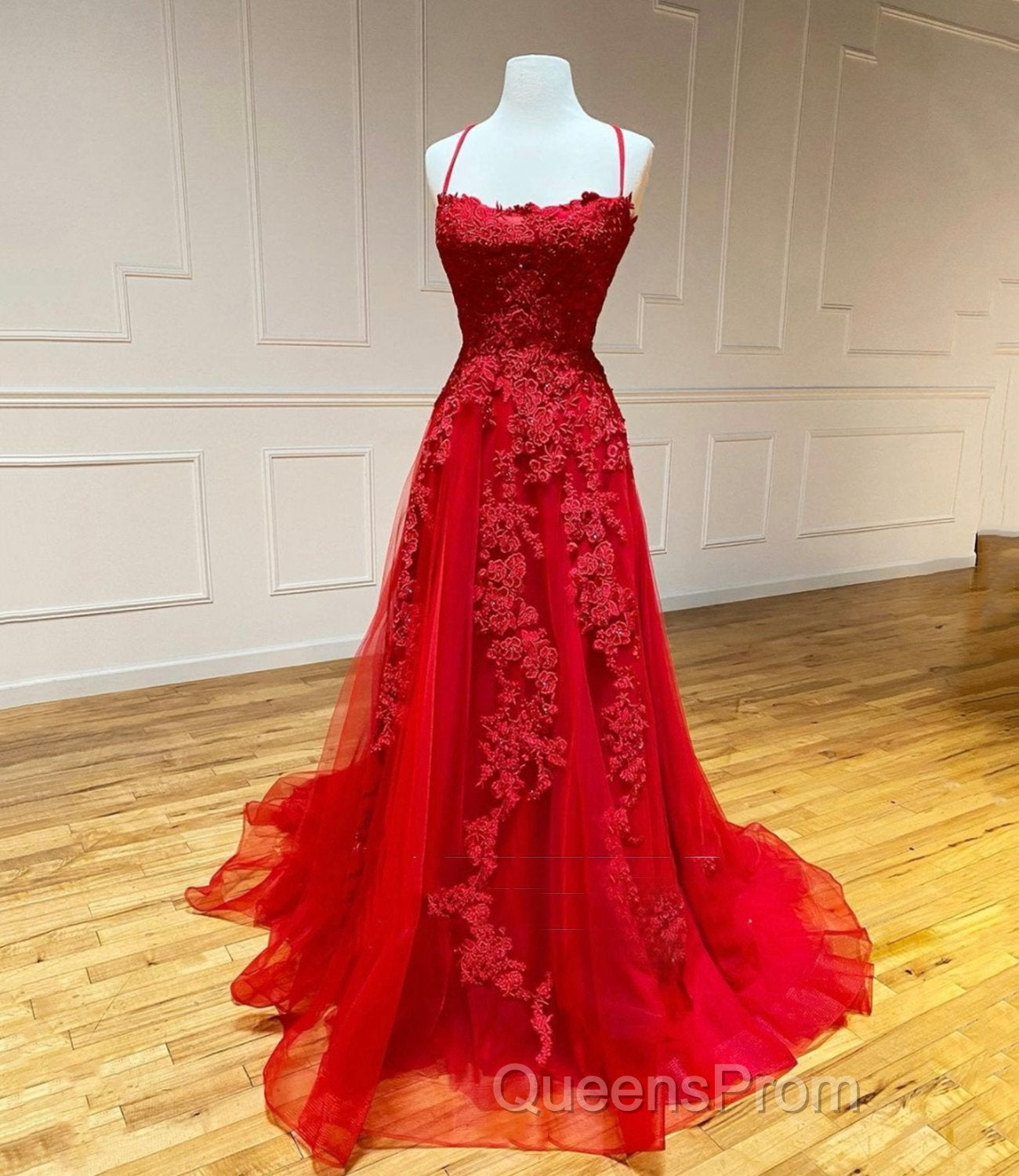 Red Long Evening Prom Dress Chic & Modern Lace Applique Straps Formal Dress Secondary image