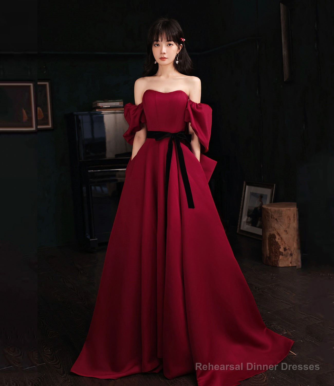 Burgundy satin long prom dress A line evening dress Main image