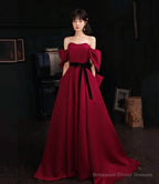 Burgundy satin long prom dress A line evening dress