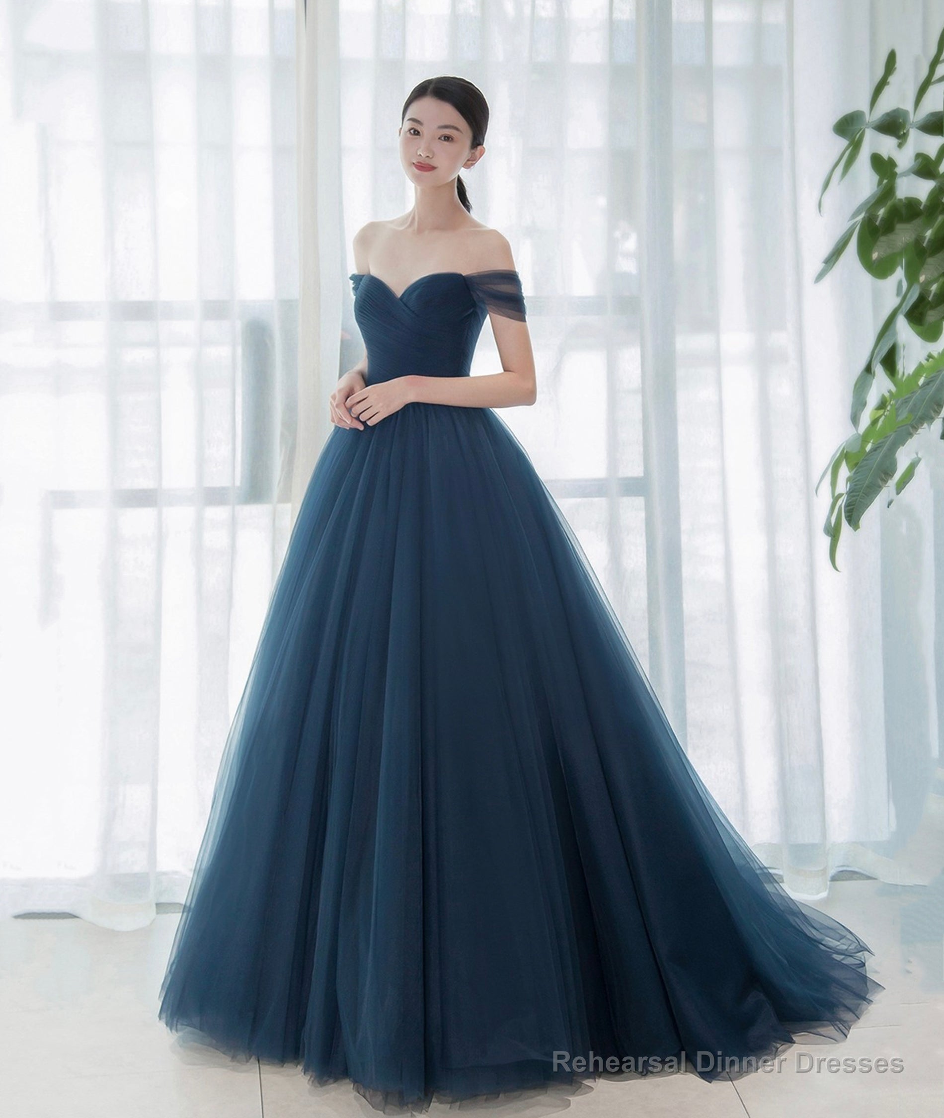Elegant Tulle Long A-Line Prom Dress, Blue Off the Shoulder Evening Party Dress Secondary image