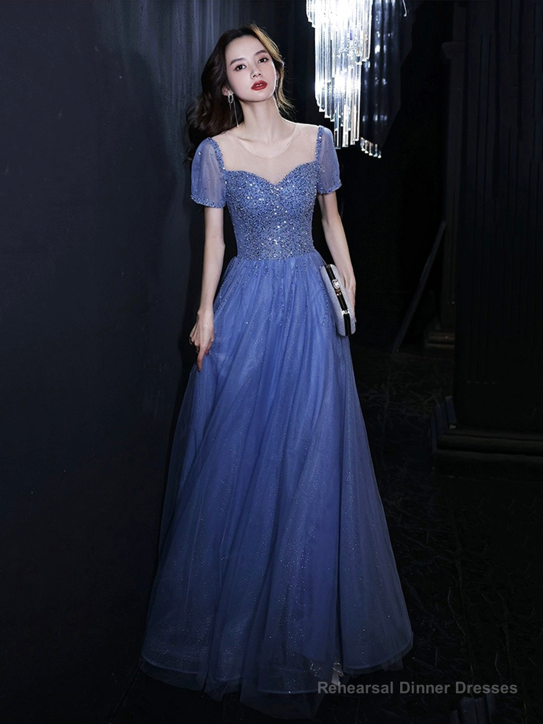 Blue Tulle Beads Long Prom Dress, Beautiful Short Sleeve Evening Party Dress Main image