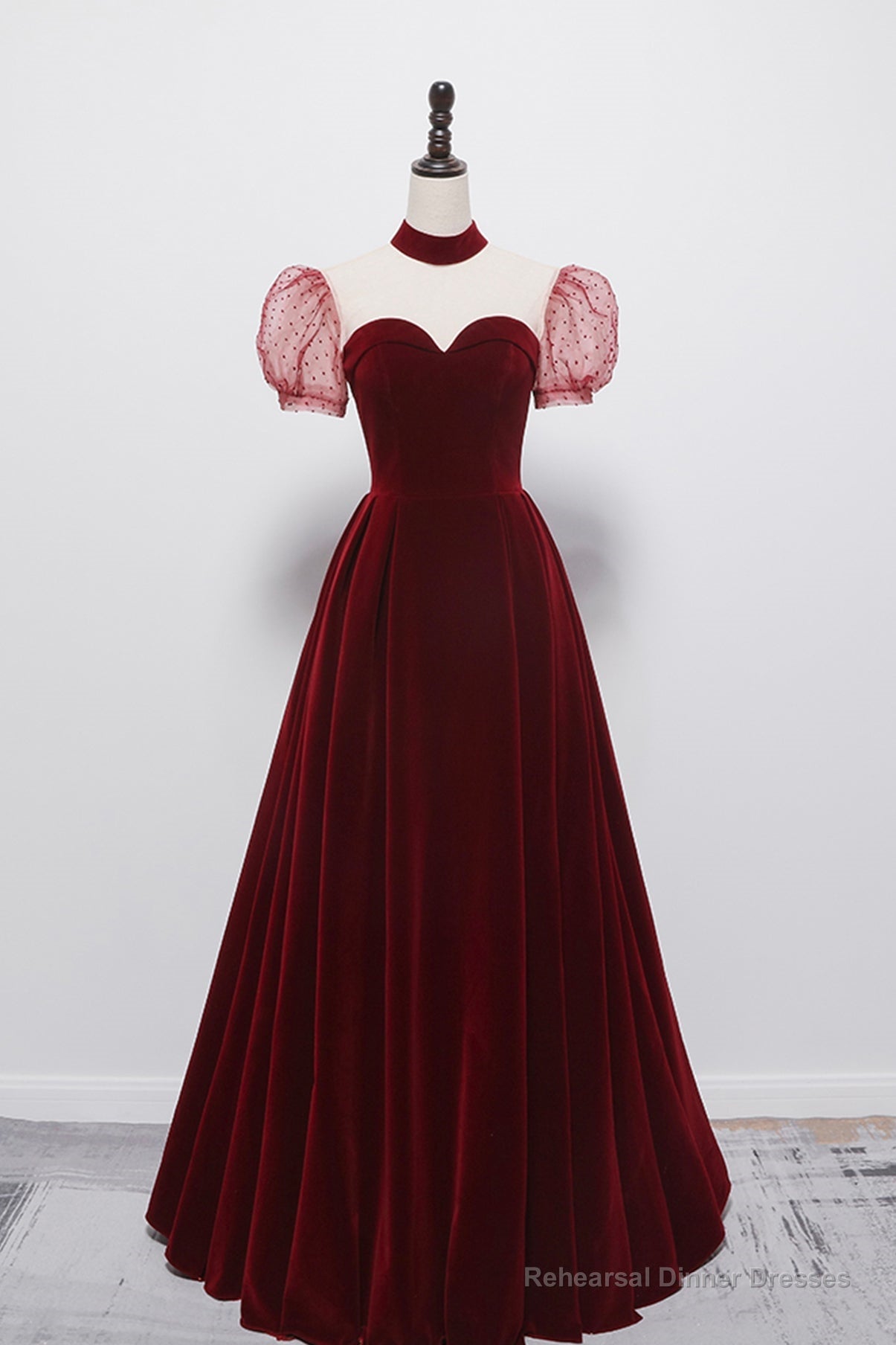 Cute velvet long prom dress burgundy A line evening dress Secondary image
