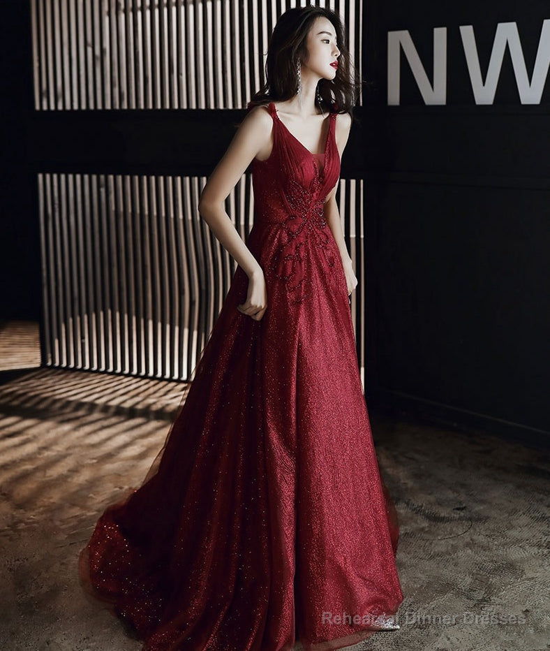 Burgundy tulle long prom dress party dress Main image