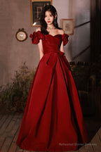 Burgundy satin long prom dress A line evening dress