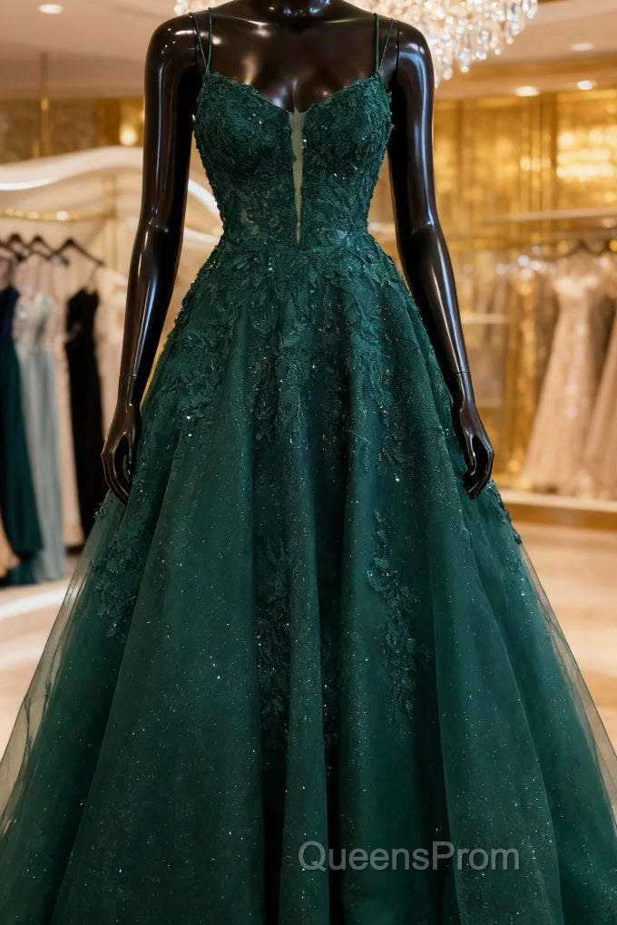 A-Line Hunter Green Floral Evening Prom Dress Appliques Straps Evening Gown Main image