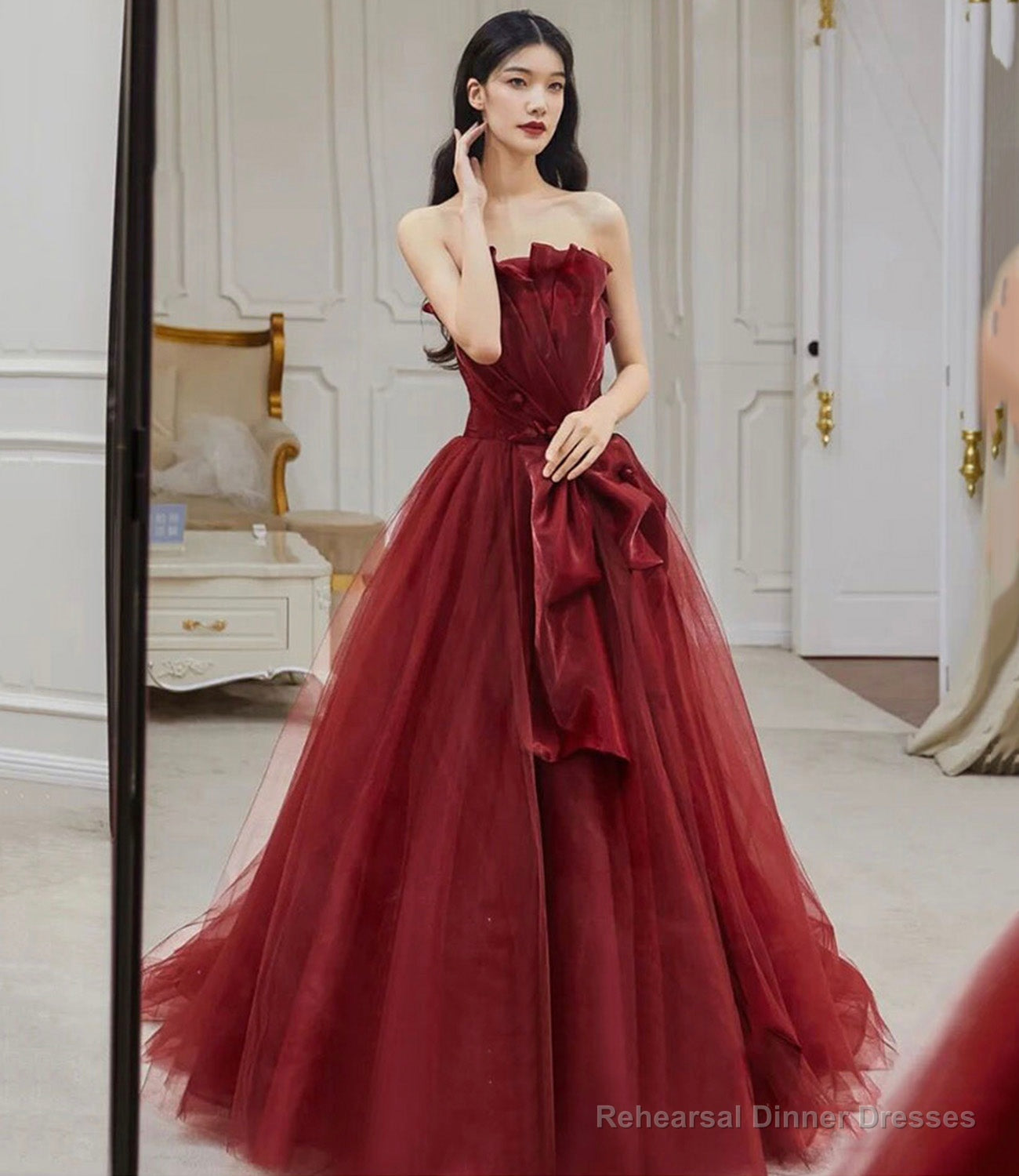 Burgundy tulle long A line ball gown dress formal dress Main image