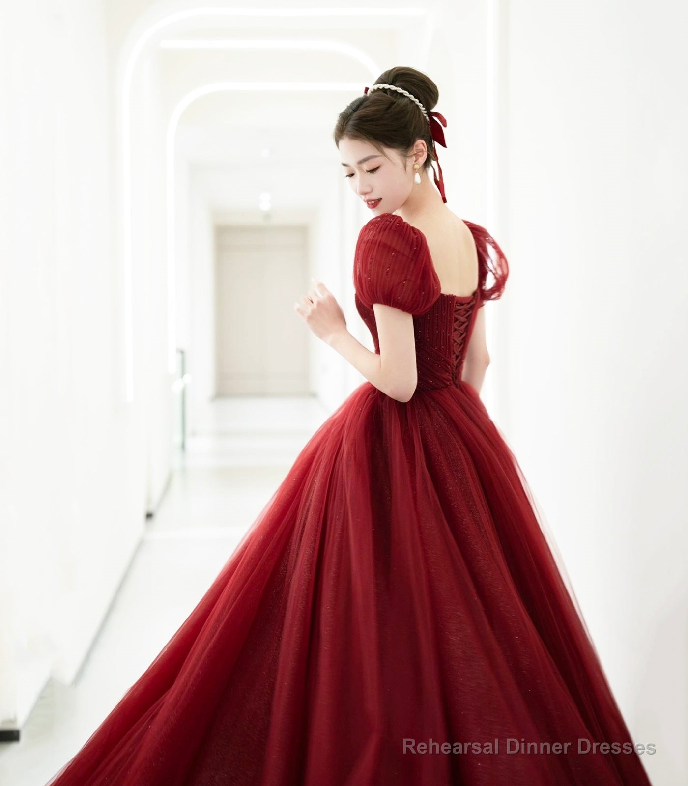 Burgundy Tulle Beaded Long Prom Dress, Beautiful A-Line Evening Party Dress
