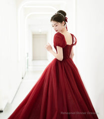 Burgundy Tulle Beaded Long Prom Dress, Beautiful A-Line Evening Party Dress