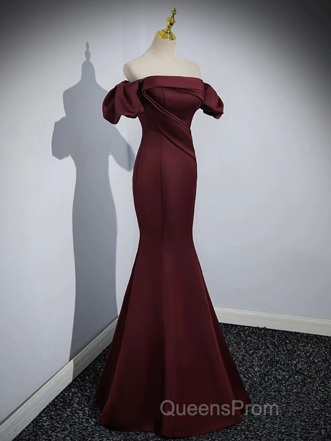 Burgundy Satin Long Evening Prom Dress, Mermaid Off the Shoulder Evening Party Dress Secondary image