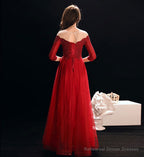 Burgundy lace tulle prom dress evening dress