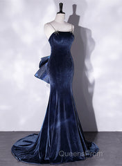 Evening Prom Dress,spaghetti Strap Evening Prom Dress, Blue Evening Dress Velvet Party Dress