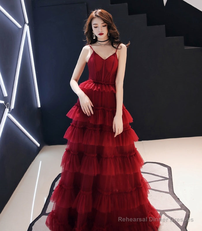 Burgundy tulle long prom gown formal dress Main image