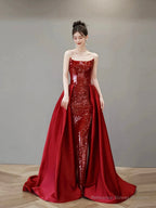 Burgundy Satin Sequins Long Prom Party Dress