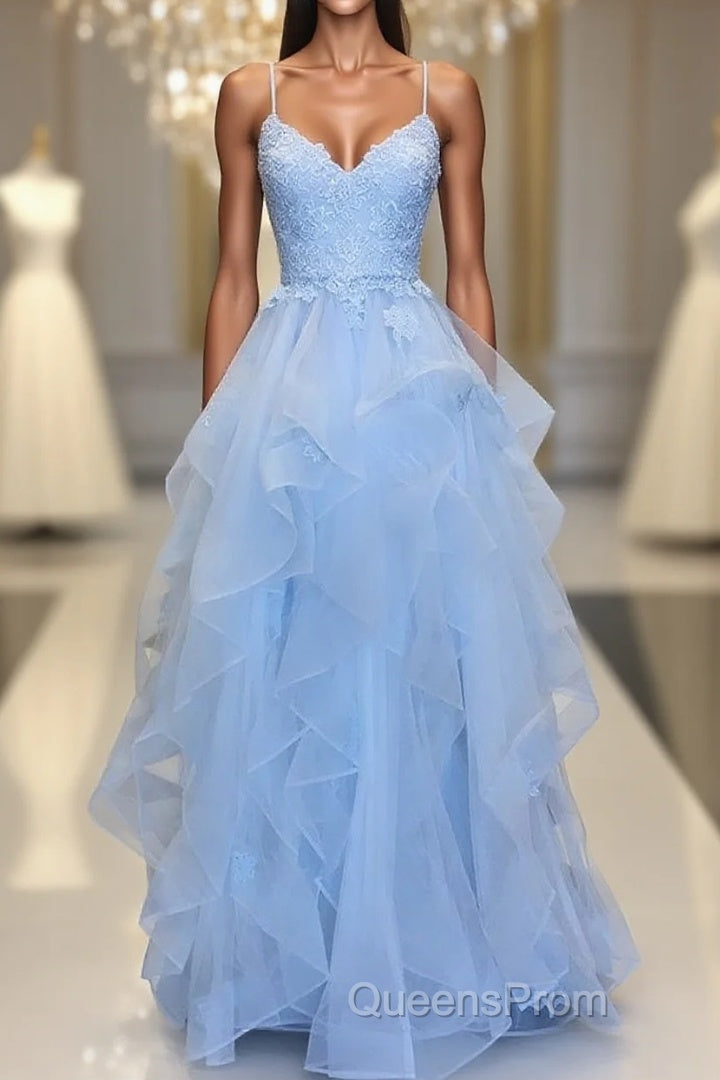 Blue sleeveless Evening Prom Dress,applique spaghetti-straps v-neck evening Dress,tulle lace ruffles party Dress Main image