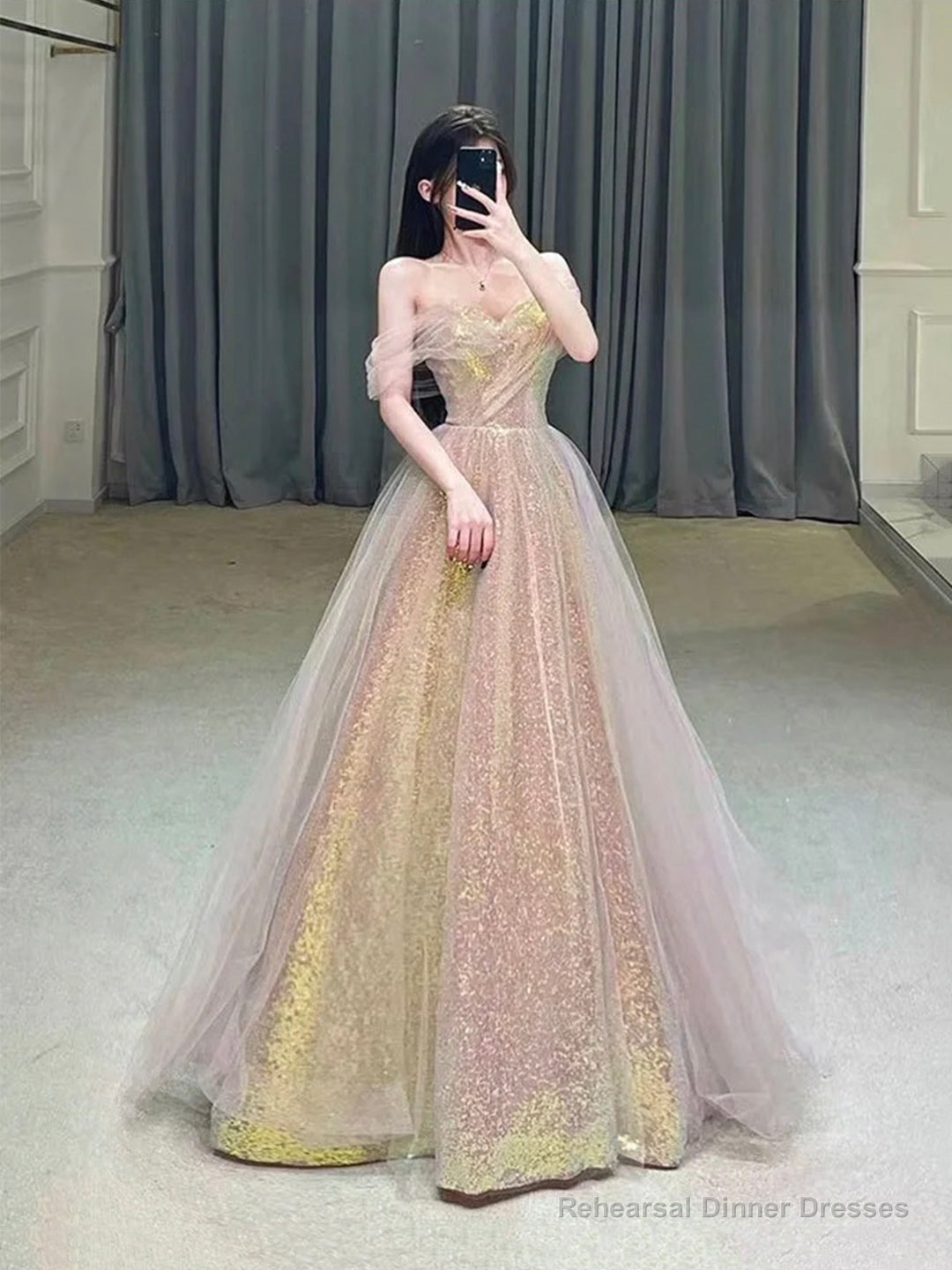 Shiny Tulle Sequins Long Prom Dress, Off the Shoulder Evening Party Dress Main image