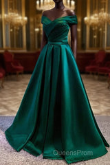 Satin Emerald Green Pleated A-Line Off-shoulder Evening Prom Dress