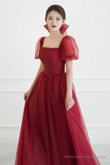 Red tulle long prom dress A line evening dress