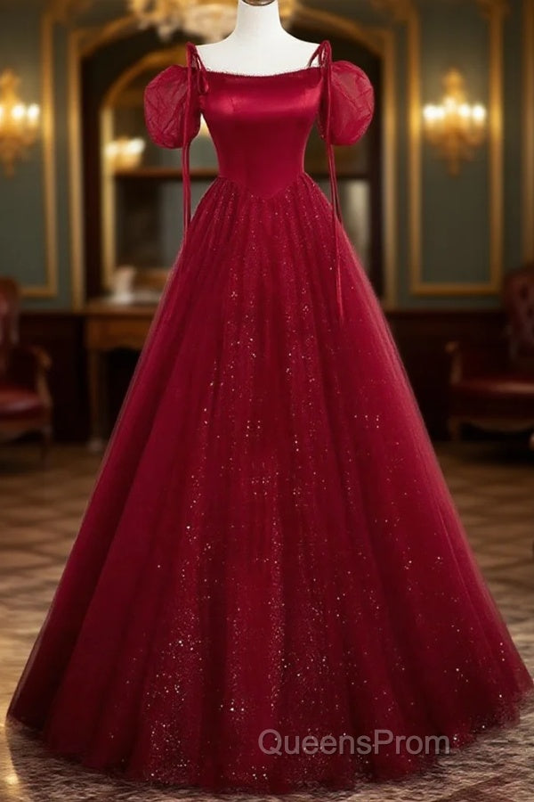 Burgundy Satin Tulle Floor Length Evening Prom Party Dress Main image
