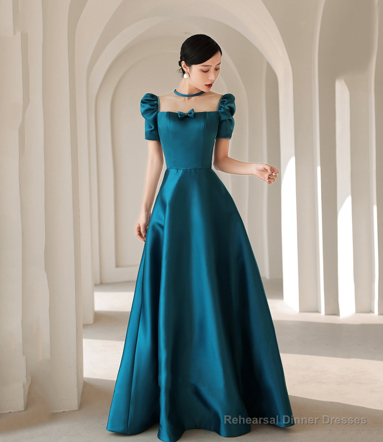 Blue satin long A line prom dress blue evening dress Main image
