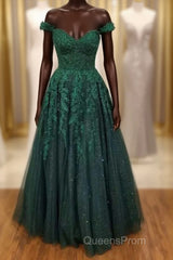 Off-the-Shoulder Cheap Hunter Green Formal Dress Floral Appliques Evening Prom Dress