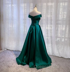 Satin Emerald Green Pleated A-Line Off-shoulder Evening Prom Dress