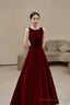Burgundy velvet long A line prom dress with bow