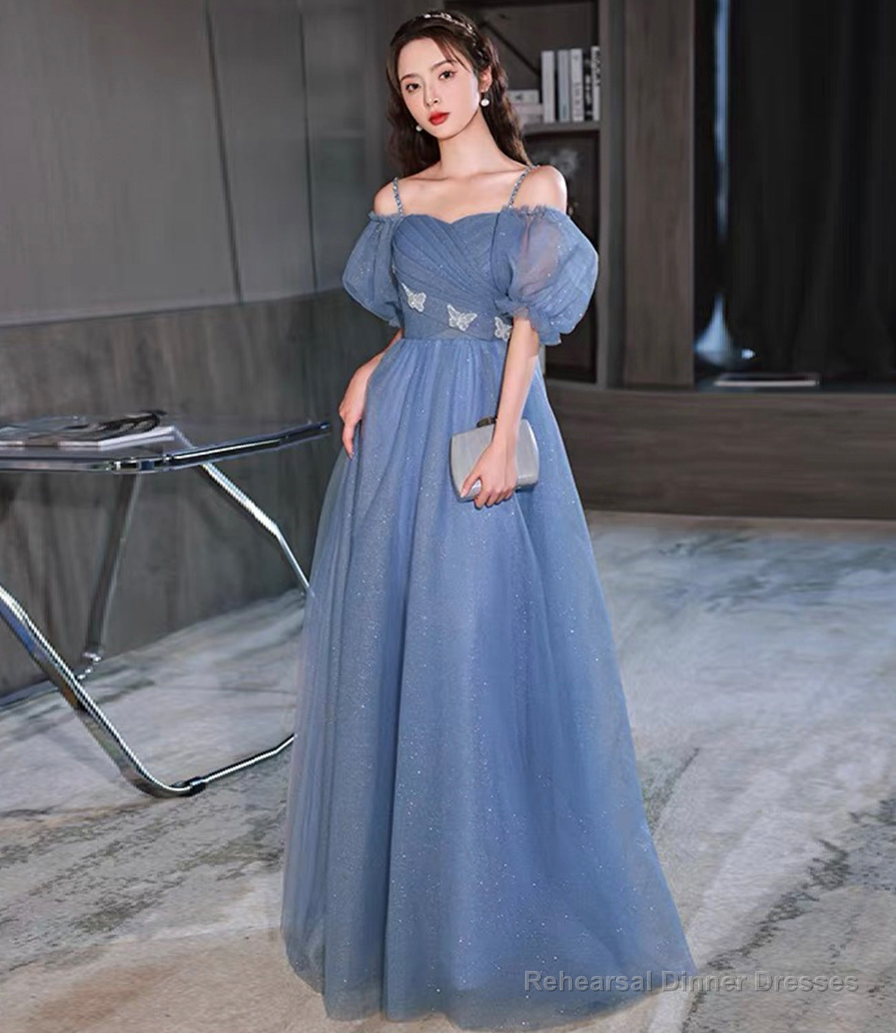 Blue tulle long prom dress A lin evening dress Main image