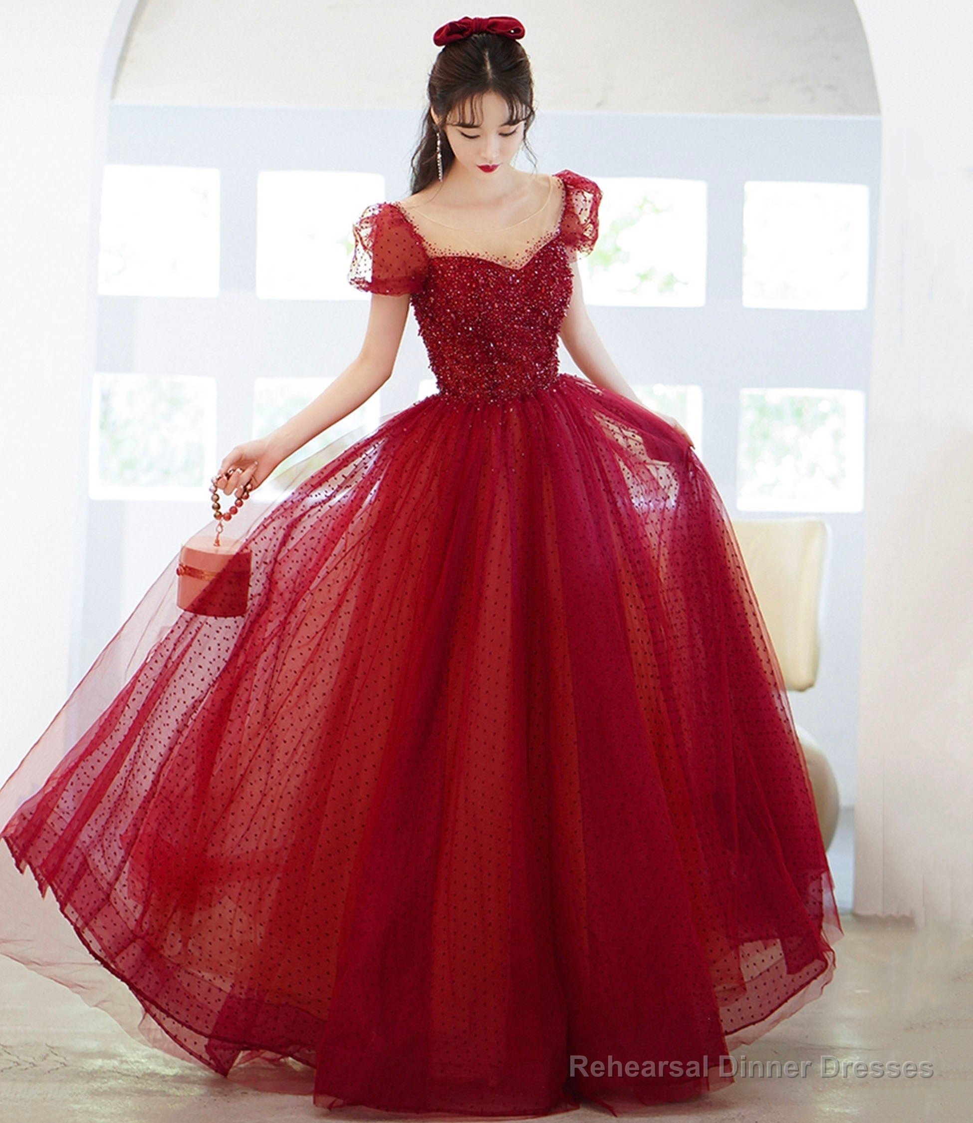 Burgundy tulle sequins long prom dress evening dress Main image