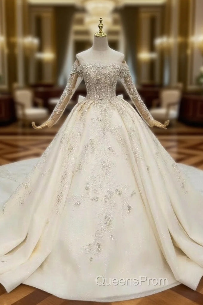 Find All Of The Latest Styles Champagne Ball Gown Tulle Off the Shoulder Long Sleeve Beading Wedding Dress Main image