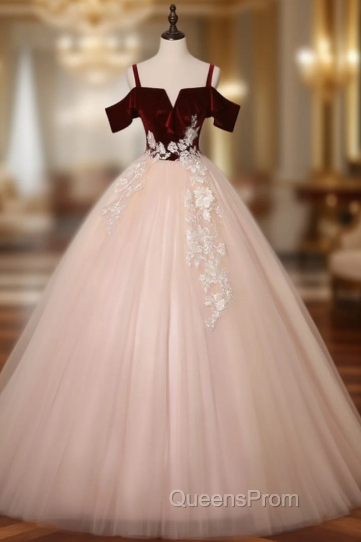 Find Your Dress For Evening Prom! Burgundy Velvet Pink Tulle Spagehtti Straps Appliques Quinceanera Dress