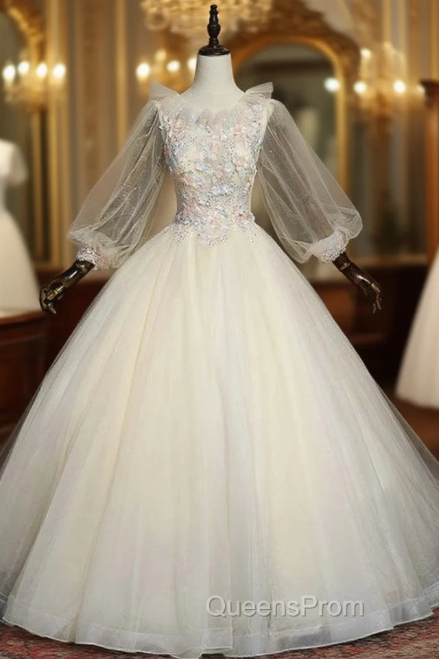 Find Your Dress For Evening Prom! Champagne Ball Gown Tulle Long Sleeve Appliques Quinceanera Dress